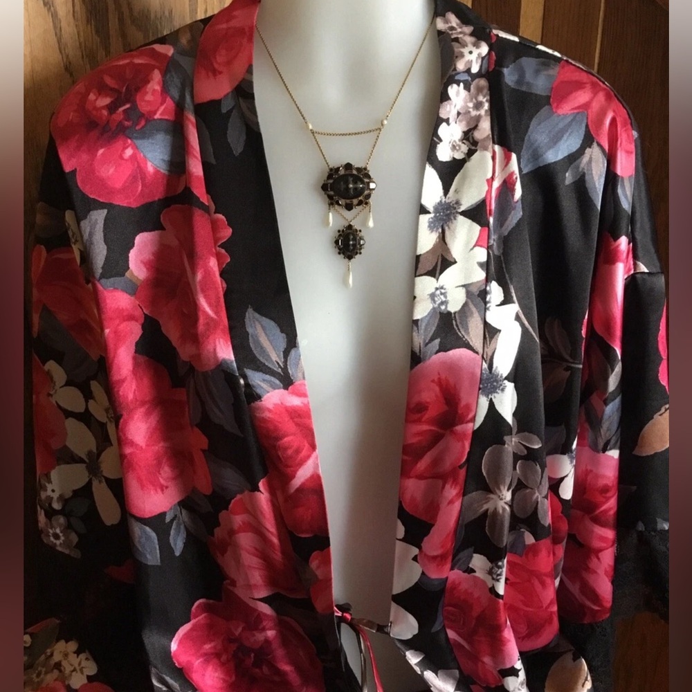 Lilac London Floral Wrap Satin Peignoir Robe Coverup Black Lace Whimsigoth